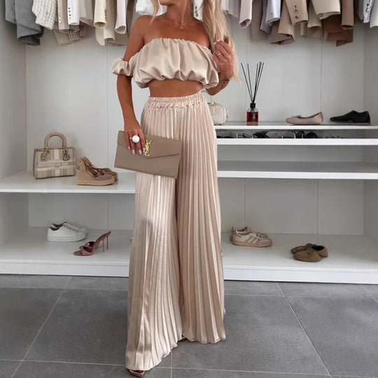 Damen Elegantes Set mit schwingendem Oberteil und plissierten Hosen EB