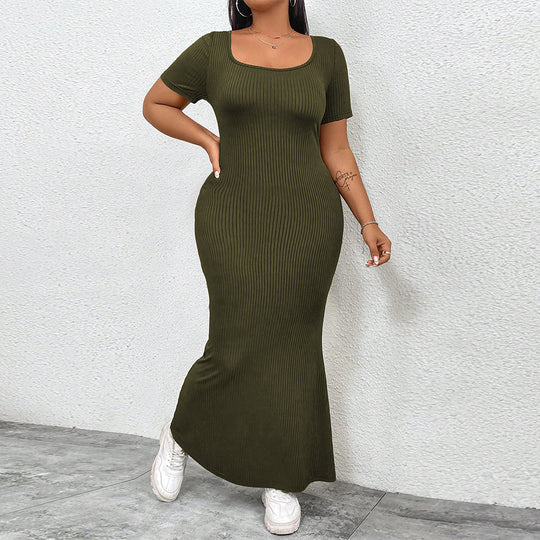 Damen figurbetontes Maxikleid mit quadratischem Ausschnitt aus Rippstrick EB