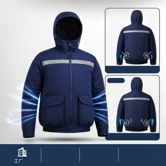 Unisex nan ventilated jacket for work and outdoor with integrated USB fans, battery compartment and hood EB