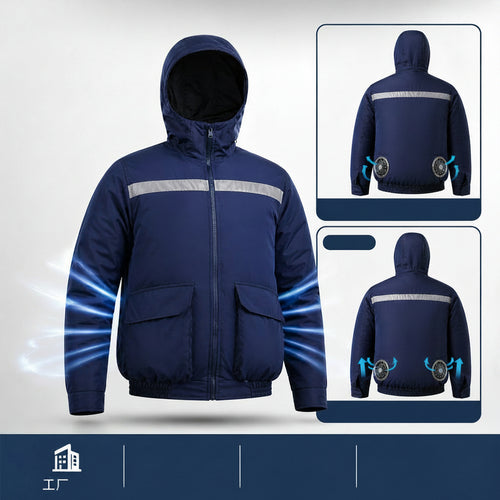 Unisex nan ventilated jacket for work and outdoor with integrated USB fans, battery compartment and hood EB