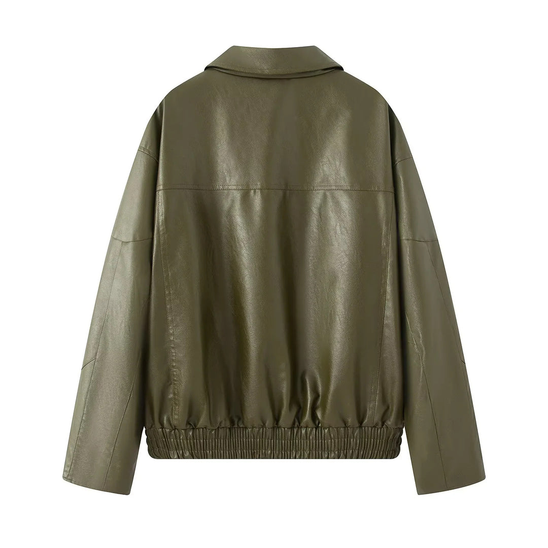Damen modische Kunstlederjacke mit elastischem Saum und praktischen Taschen EB