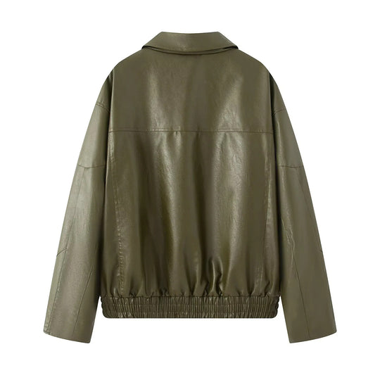Damen modische Kunstlederjacke mit elastischem Saum und praktischen Taschen EB