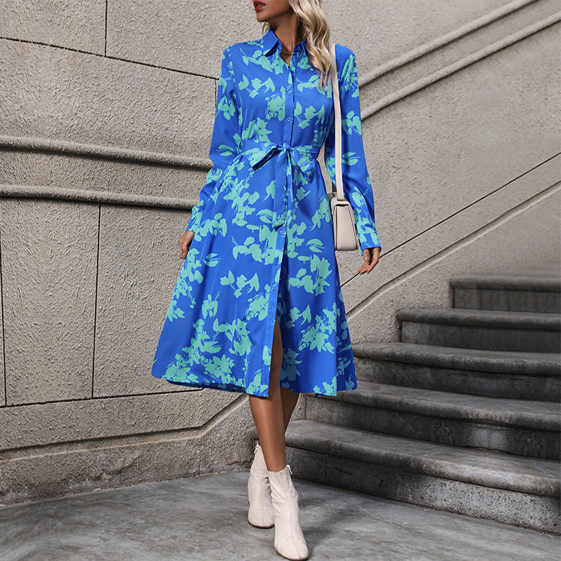 Damen langärmliges Maxikleid mit floralen Mustern und elegantem Gürtel EB