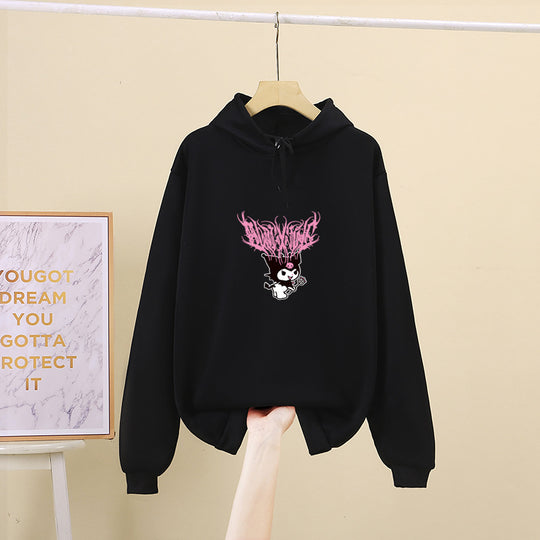 Damen nan Kapuzenpullover mit Gothic‑Kawaii Print, Oversize‑Schnitt und weichem Fleeceinnenfutter EB