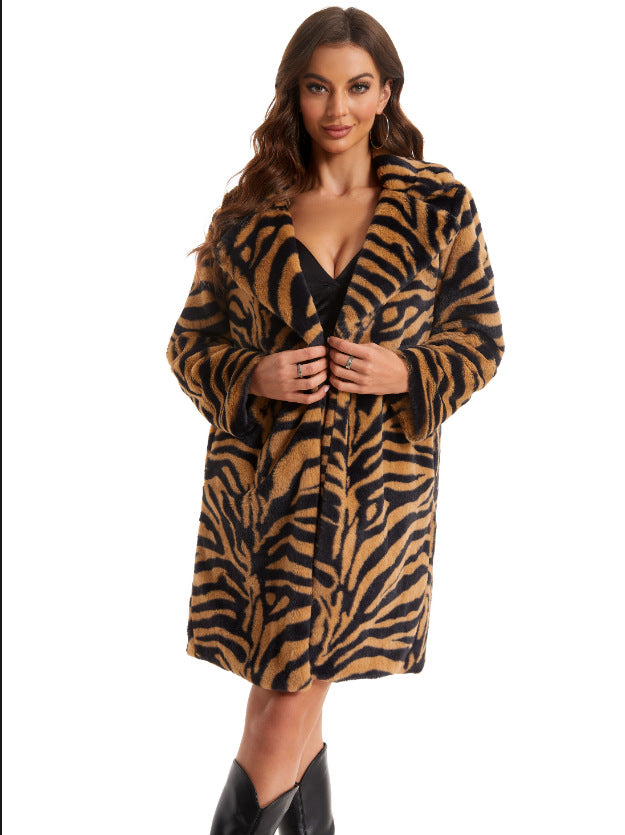 Damen Stylish und flauschiger Kunstfellmantel mit Zebra-Design EB