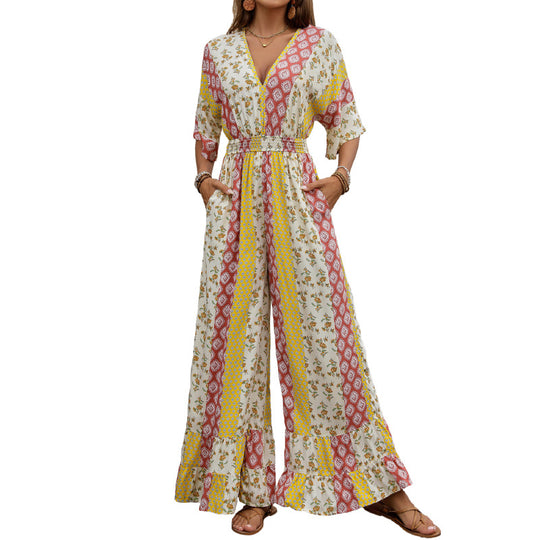 Damen Maxi-Jumpsuit mit floralen Mustern und voluminösen Ärmeln EB