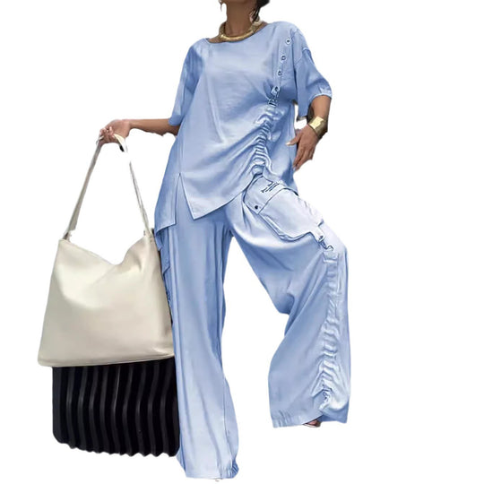 Damen nan lässiges zweiteiliges Ensemble mit geraffter Oversize-Bluse und Cargo-Palazzohose EB