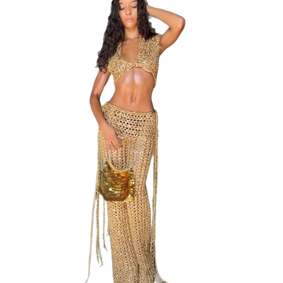 Damen Knöchellanges Glitzer-Overfit-Set mit funkelnden Details und fließendem Design EB