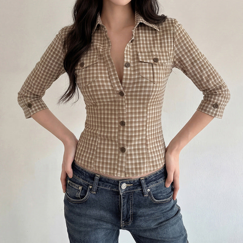 Damen Karierte Bluse mit tailliertem Schnitt und Brusttaschen EB