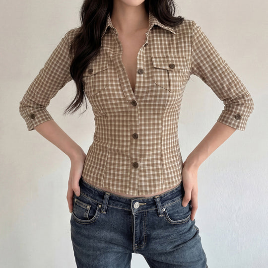 Damen Karierte Bluse mit tailliertem Schnitt und Brusttaschen EB