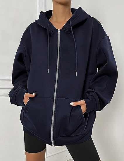 Damen nan oversized Zip-Kapuzenjacke mit kontrastierendem Reißverschluss, doppellagiger Kapuze und Kängurutasche EB