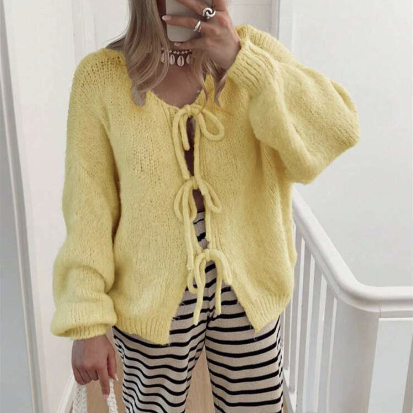 Damen Grobgestrickter Offener Cardigan mit Bindebändern, Oversize‑Silhouette und Raglanärmeln EB