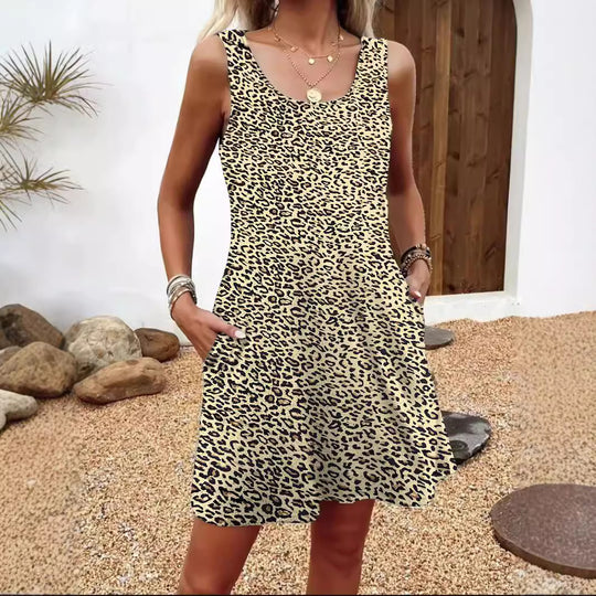 Damen lässiges Sommerkleid mit Federmuster und praktischen Seitentaschen EB
