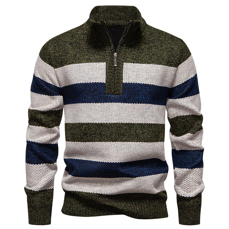 Herren modischer Strickpullover mit halbem Reißverschluss und gestreiftem Muster EB
