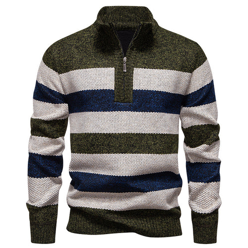 Herren modischer Strickpullover mit halbem Reißverschluss und gestreiftem Muster EB