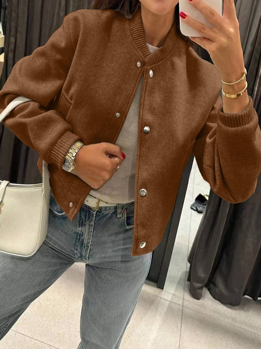 Damen Kurzjacke im Bomberstil aus Teddyfleece mit Rippbündchen EB