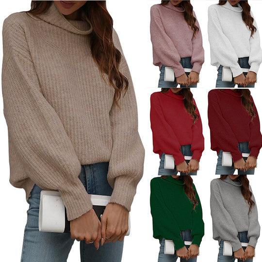 Damen Oversized Strickpullover mit hohem Kragen und Rippstruktur EB