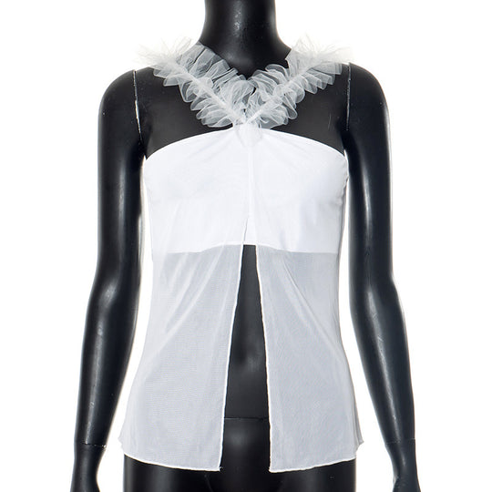 Damen Top mit transparentem Mesh-Einsatz und dekorativem Rüschendraht EB