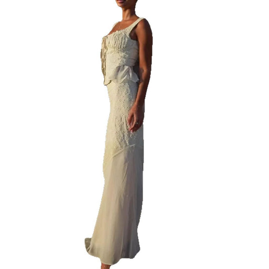 Damen elegantes Maxikleid mit schulterfreiem Design und raffinierten Rüschendetails EB