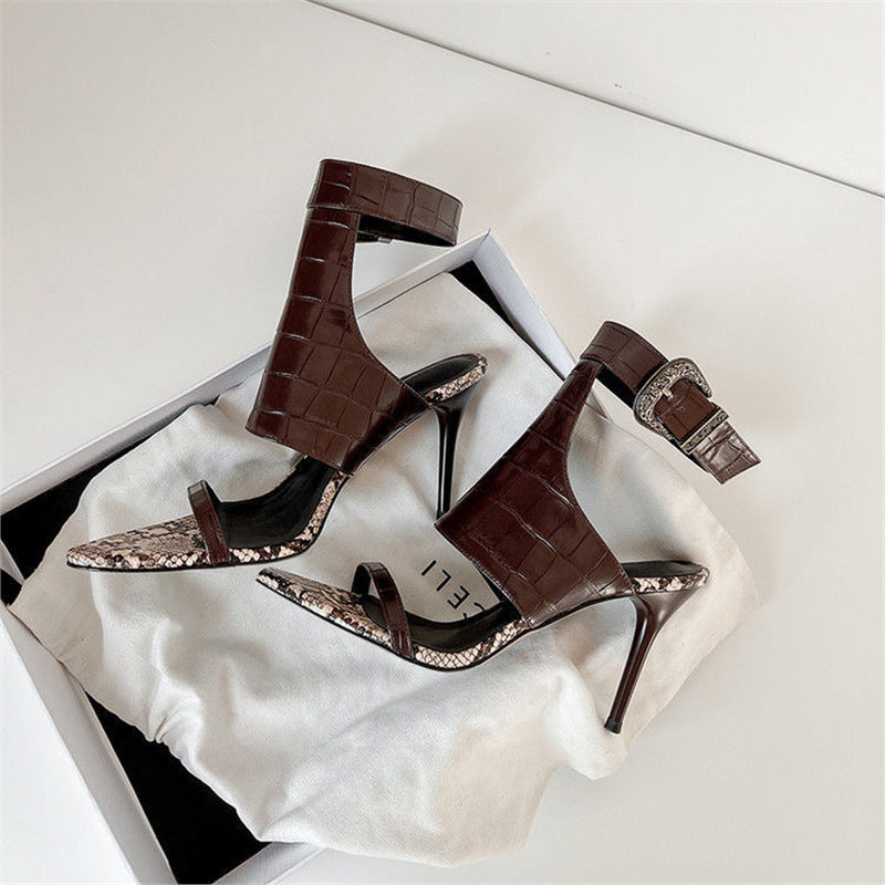 Damen Slingback High Heel Sandalen mit Schlangeleder-Akzent EB
