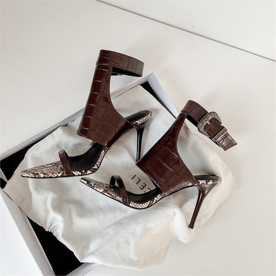 Damen Slingback High Heel Sandalen mit Schlangeleder-Akzent EB
