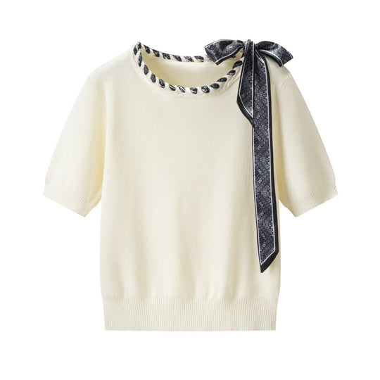 Damen Kurzarmpullover mit dekorativem Halsband und stylischem Schleifendetail EB
