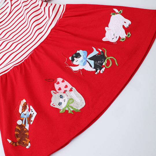 Mädchen Baumwollkleid mit verspielten Katzenapplikationen EB