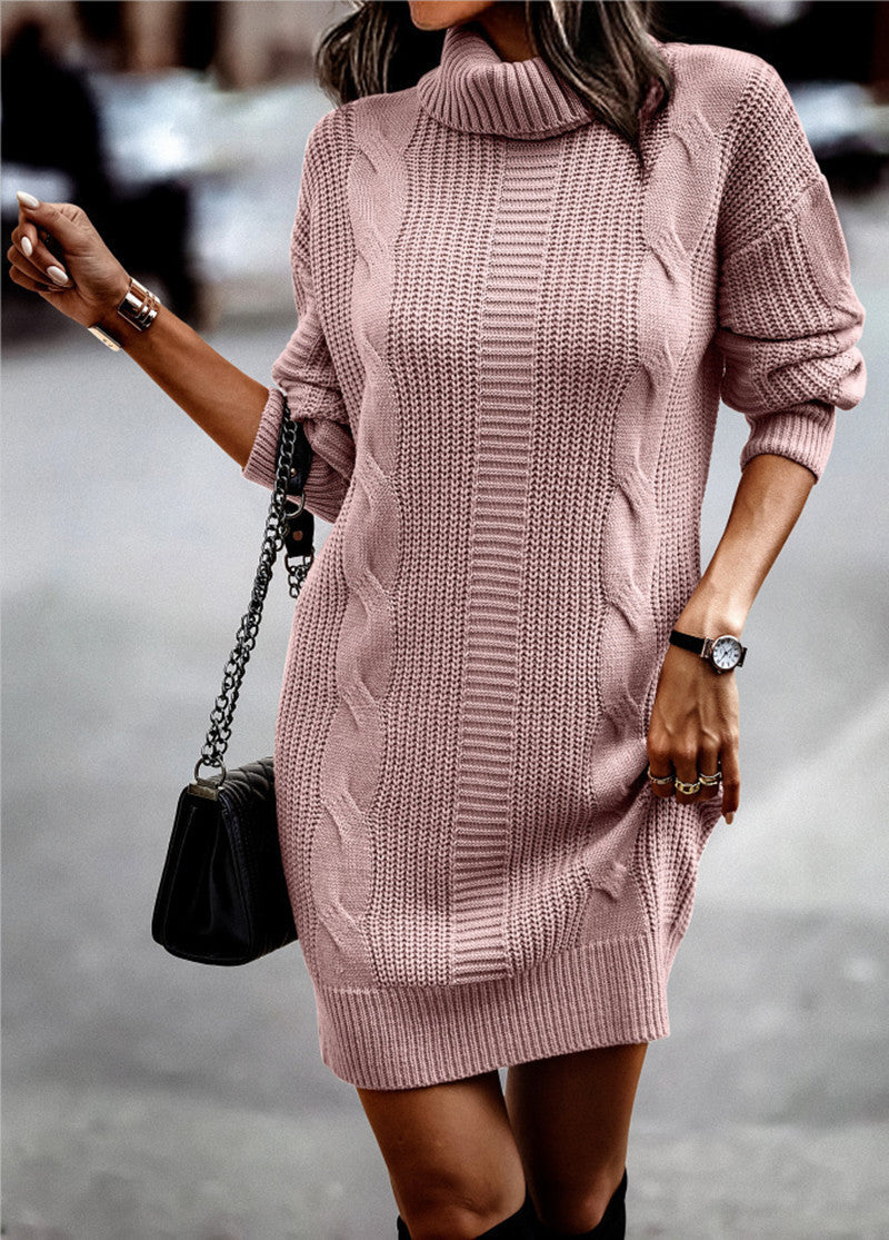 Damen Strickkleid mit hohem Kragen und Kordelmuster EB