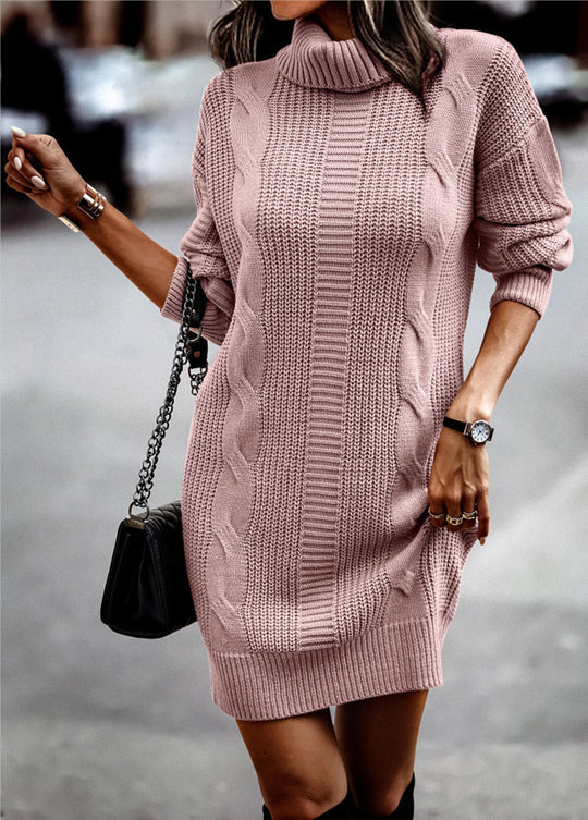 Damen Strickkleid mit hohem Kragen und Kordelmuster EB