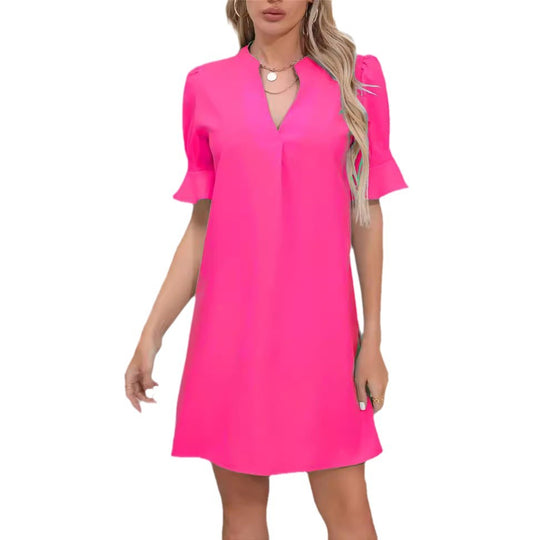 Damen Elegantes Kurzarm-Kleid mit V-Ausschnitt und Schößchen EB