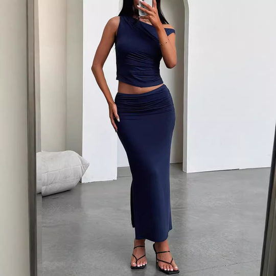 Damen Set aus schulterfreiem Top und Maxi-Rock in gerafftem Design EB