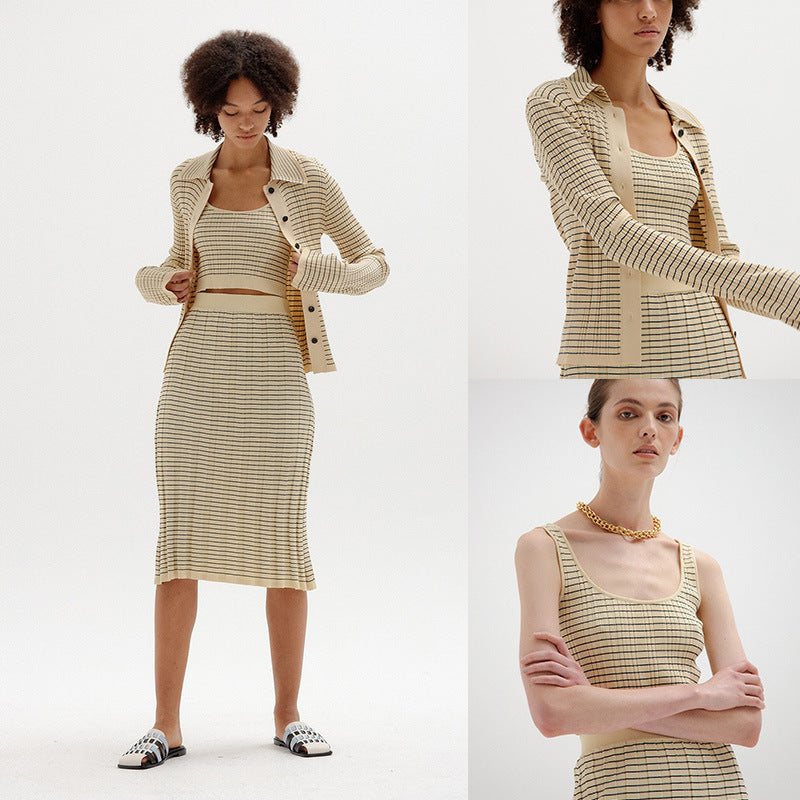 Damen elegantes Strickensemble mit Knopfleiste und hohem Kragen EB