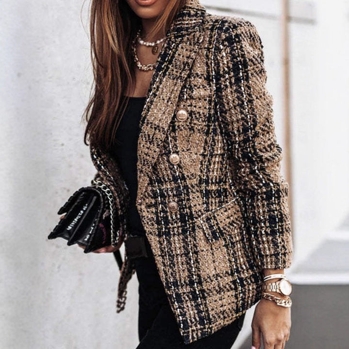 Damen Bouclé-Tweed-Blazer mit Karomuster und doppelreihiger Knopfleiste EB