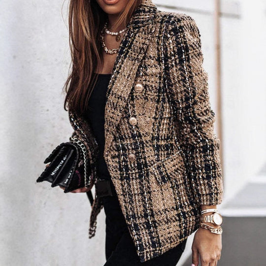 Damen Bouclé-Tweed-Blazer mit Karomuster und doppelreihiger Knopfleiste EB