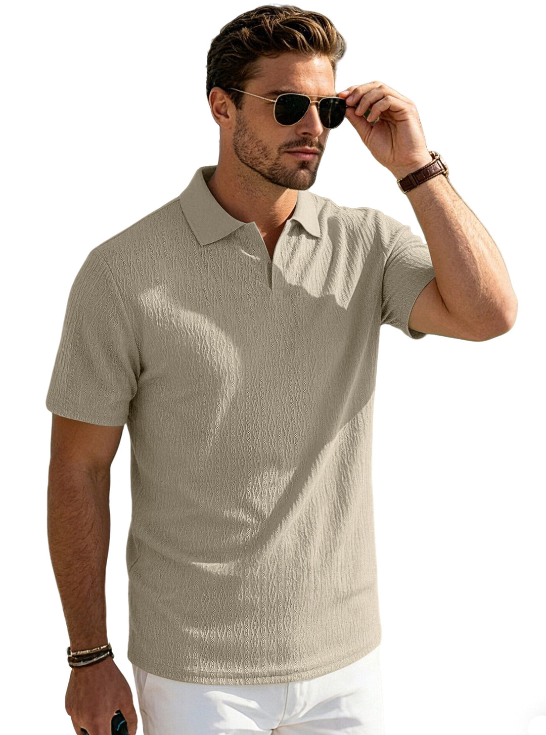 Herren nan elegantes Kurzarm-Polo aus strukturierter Micro-Jacquard-Baumwollmischung mit formstabilem Hemdkragen EB