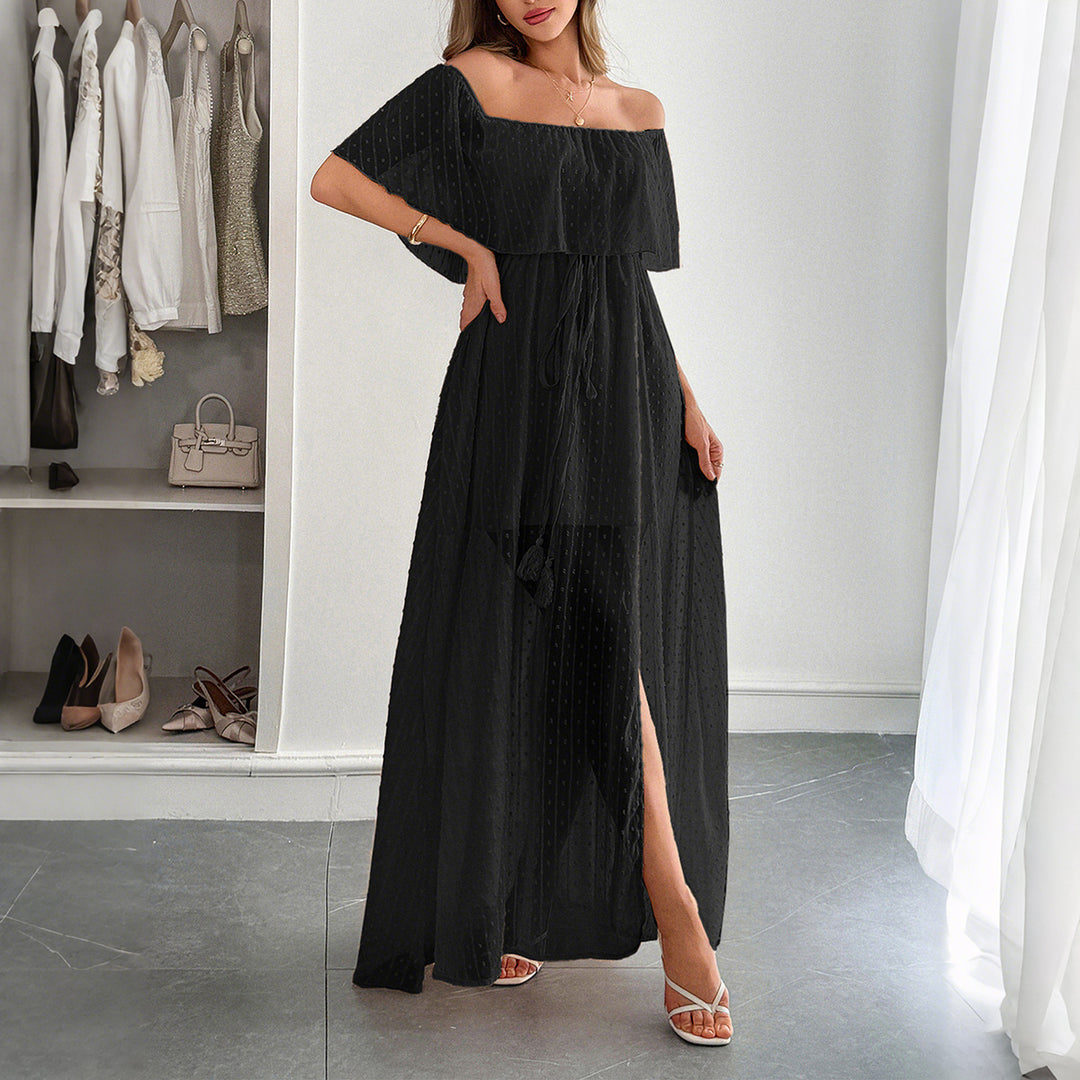 Damen Off-Shoulder Maxikleid mit feinem Punktedesign und Taillenbindung EB