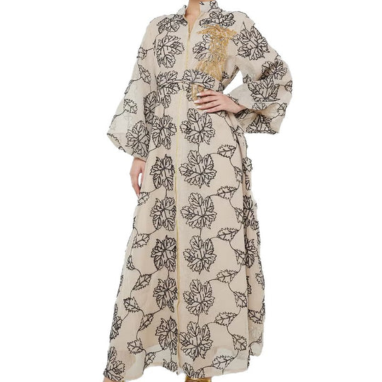 Damen Besticktes Maxikleid im Kaftan-Stil mit Reißverschluss, Taillengürtel und Ballonärmeln EB
