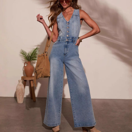 Damen Weit geschnittene Jeans-Jumpsuit mit Knopfleiste und tiefem V-Ausschnitt EB