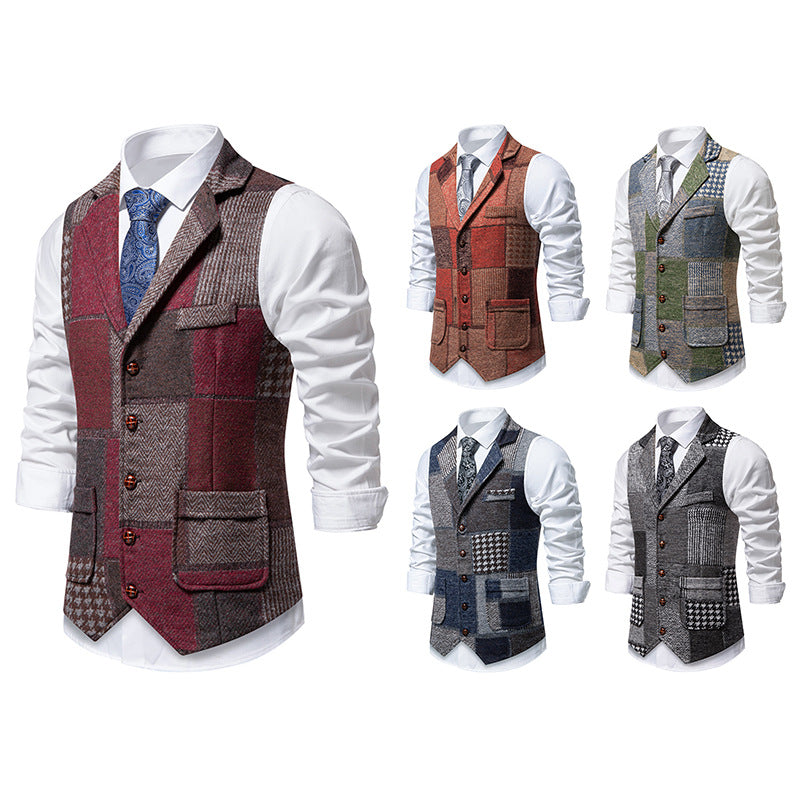 Herren nan Patchwork Weste mit Reverskragen Knopfleiste und aufgesetzten Taschen EB