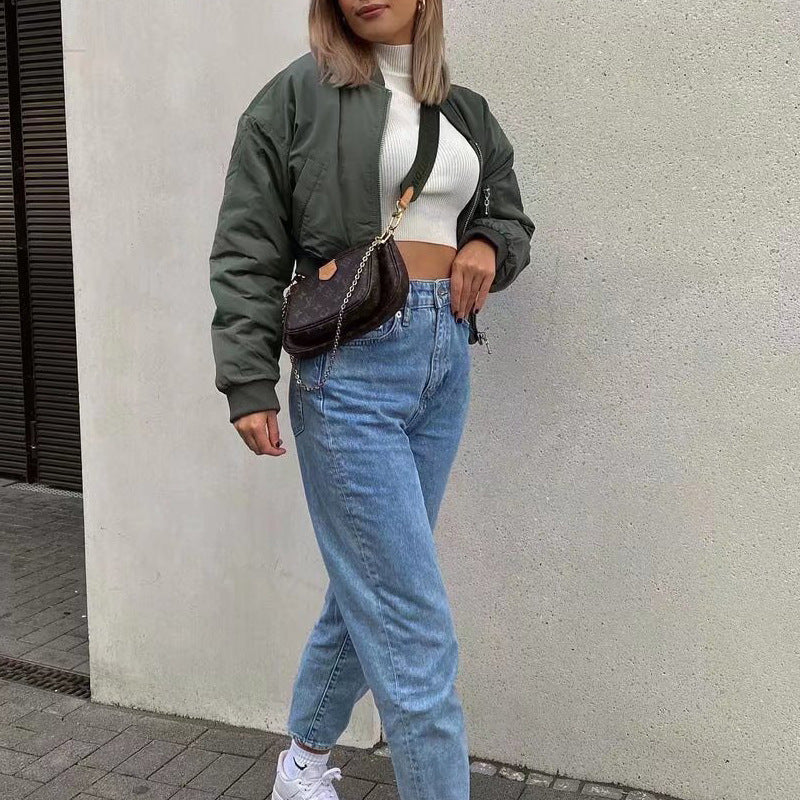 Damen modische cropped Bomberjacke mit praktischen Taschen und elastischen Bündchen EB