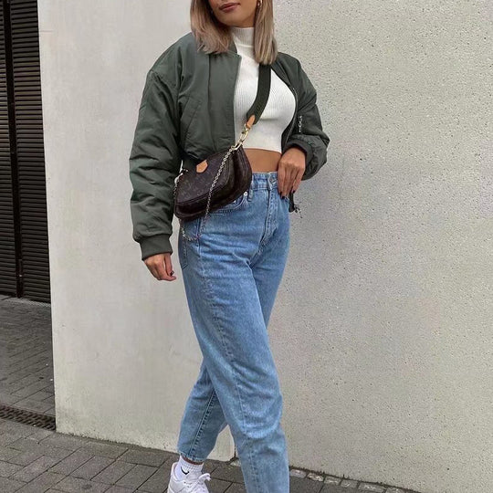 Damen modische cropped Bomberjacke mit praktischen Taschen und elastischen Bündchen EB