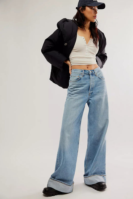 Damen Weit geschnittene High-Waist Jeans mit modischem Saum EB