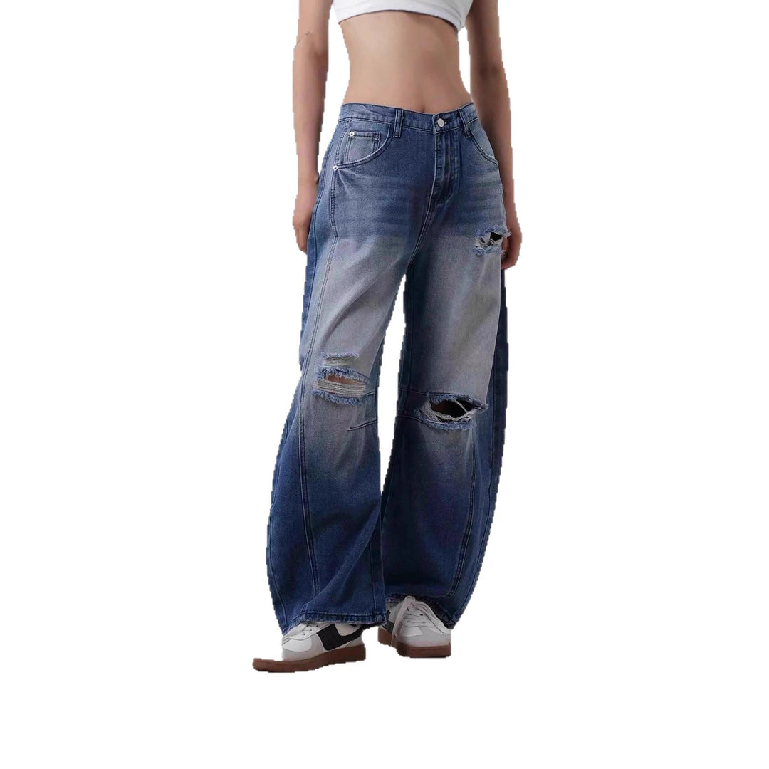 Damen nan Baggy-Jeans mit hohem Bund, sichtbaren Nahtpaneelen und distressed Kniepartien EB