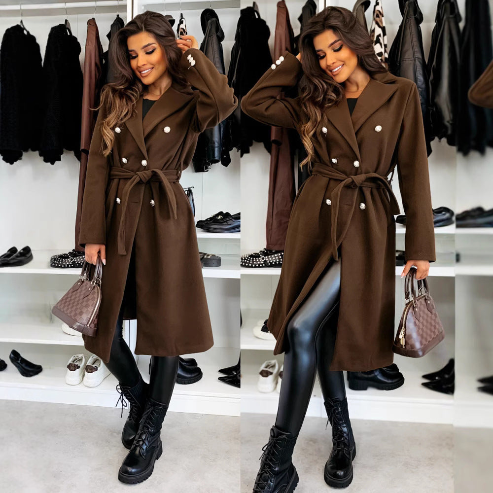 Damen eleganter Mantel mit Taillengürtel und doppelter Knopfblende EB