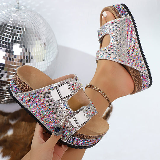 Damen Komfortable Sandalen mit dekorativen Schnallen und buntem Glitzerdesign EB