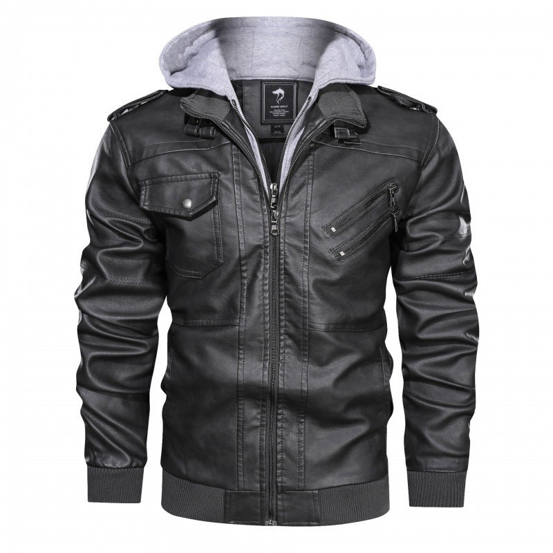 Herren Kunstlederjacke mit abnehmbarer Kapuze und praktischen Taschen EB