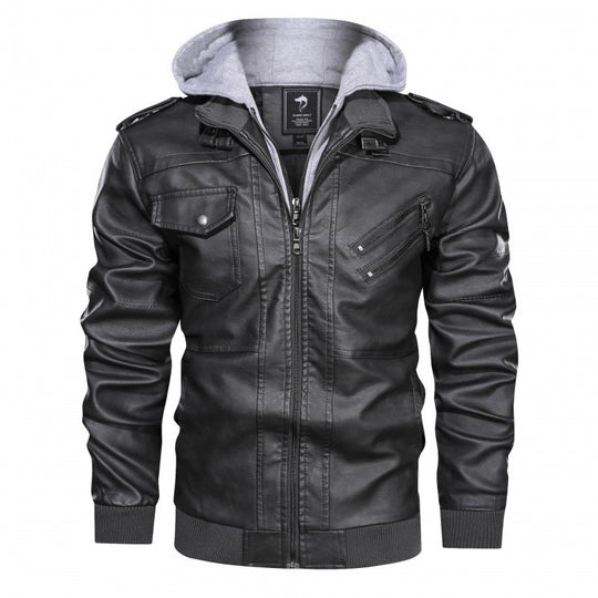 Herren Kunstlederjacke mit abnehmbarer Kapuze und praktischen Taschen EB