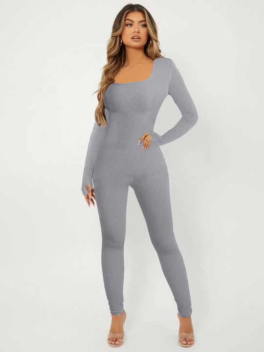 Damen Langarm Jumpsuit im eleganten Rippenmuster EB