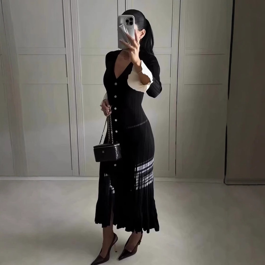 Damen Maxikleid mit eleganten Rüschenärmeln und Knopfdetails EB