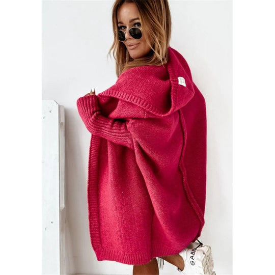 Damen Oversized Strickcardigan mit Kapuze und strukturiertem Design EB